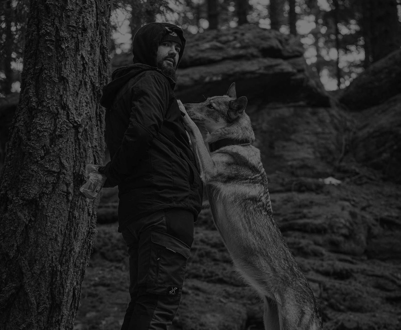 Daniel Angerer mit einem Tschechoslowakischen Wolfhund im Wald